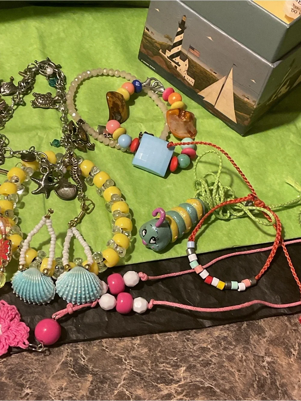 Colorful Mixed Children Bead and Silvertone bracelets, cord Necklaces